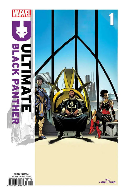 Comic book cover of Ultimate Black Panther featuring a figure on a throne with gold design