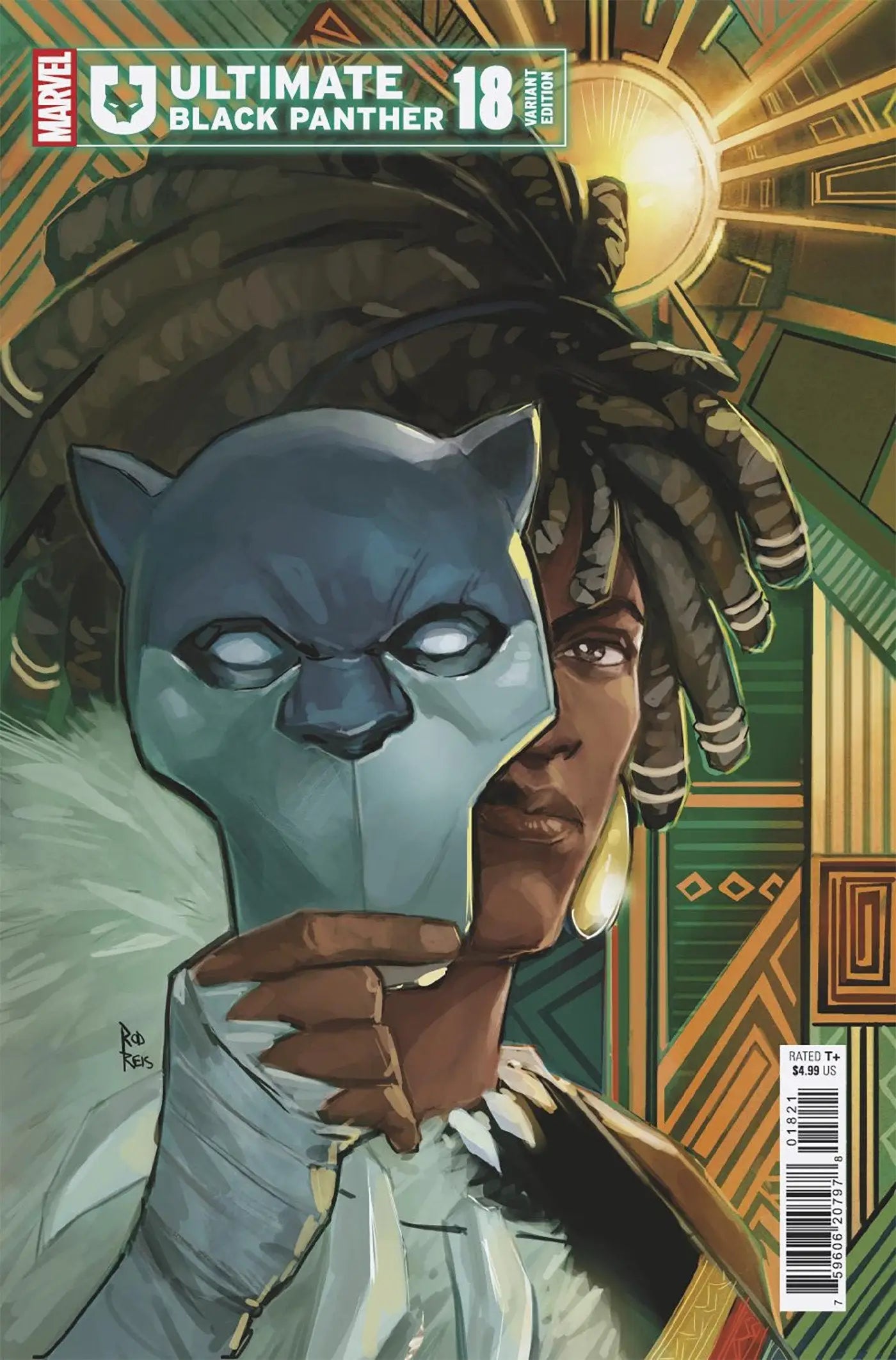 Comic book cover featuring a person holding a Black Panther mask from Ultimate Black Panther #18