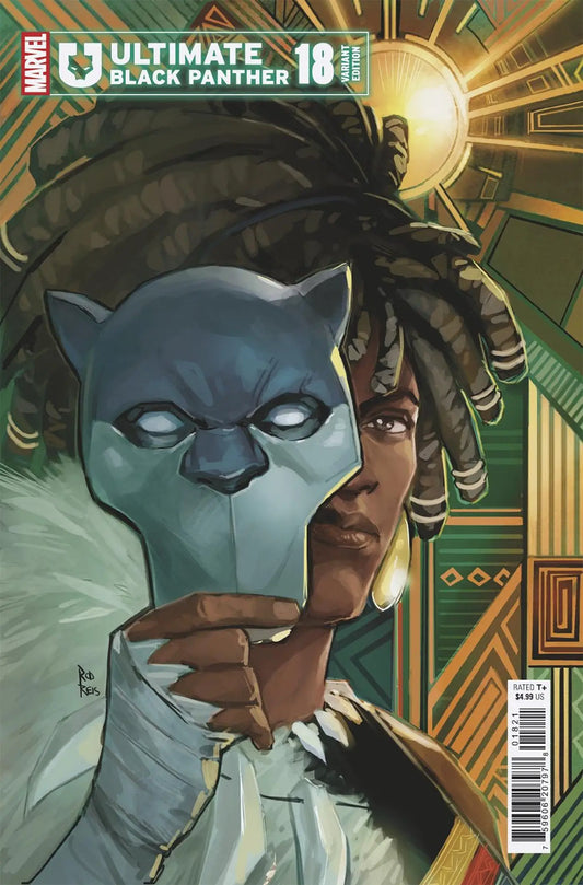 Comic book cover featuring a person holding a Black Panther mask from Ultimate Black Panther #18