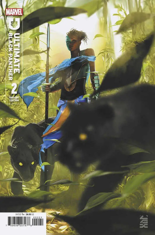 Comic book cover art of Black Panther in blue wielding a spear, Ultimate Special Variant