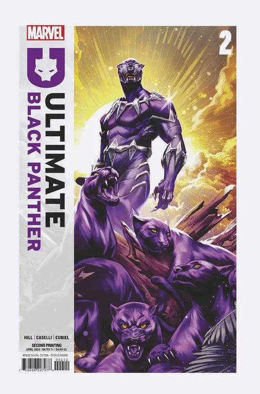 Black Panther in a purple metallic suit on Ultimate Black Panther #2 comic cover