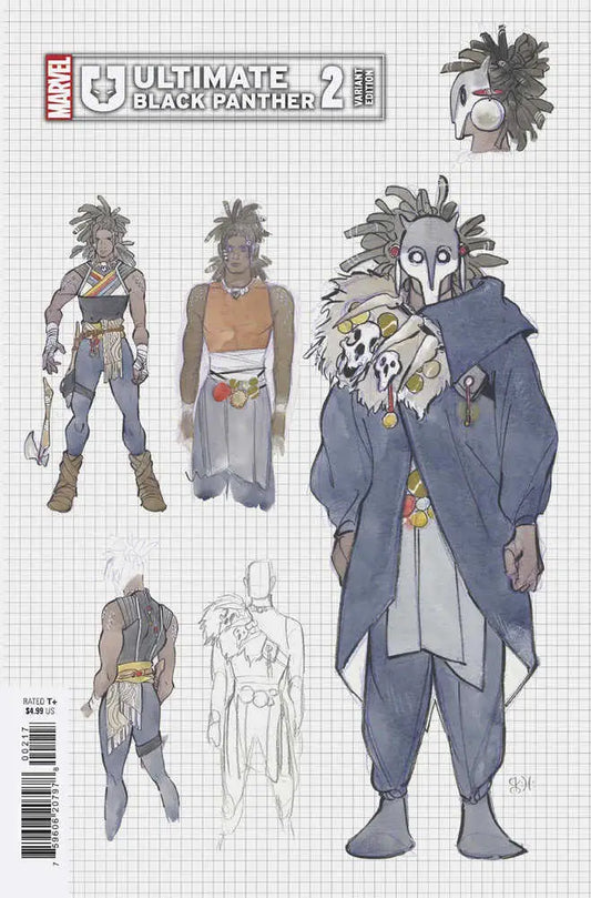 Character design sheet of a masked Black Panther figure with dreadlocks and outfits