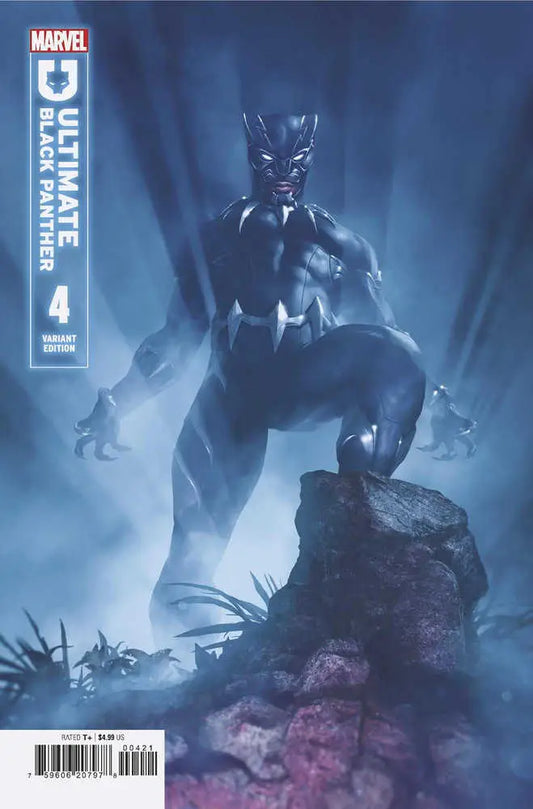 Black Panther crouches on a rocky outcrop in Ultimate Black Panther #4 Rahzzah Variant