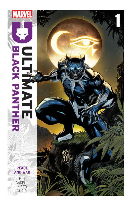 Black Panther crouches on a branch in a vibranium suit, showcasing the Ultimate Black Panther