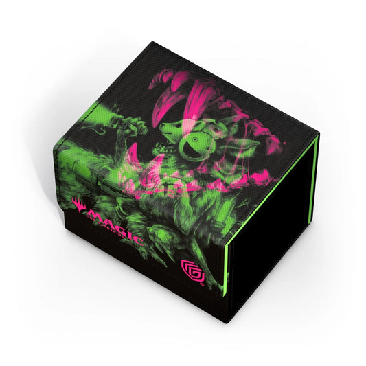 Black deck box with neon pink and green designs for trading cards, Rescue Beastie edition