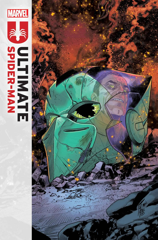 Wrecked green helmet from Ultimate Spider-Man #17 featuring Sinister Six villain appeal