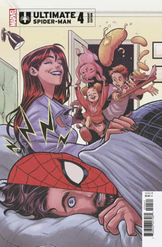 Ultimate Spider-Man #4 Elizabeth Torque Variant cover featuring playful characters and Spider-Man’s mask