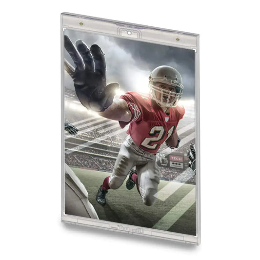 Framed football player action shot in Ultra PRO magnetic display case with UV protection