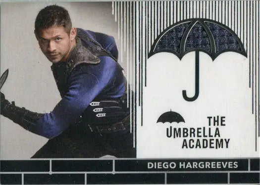 Man in blue outfit with knife next to The Umbrella Academy logo for Diego Hargreeves trading cards