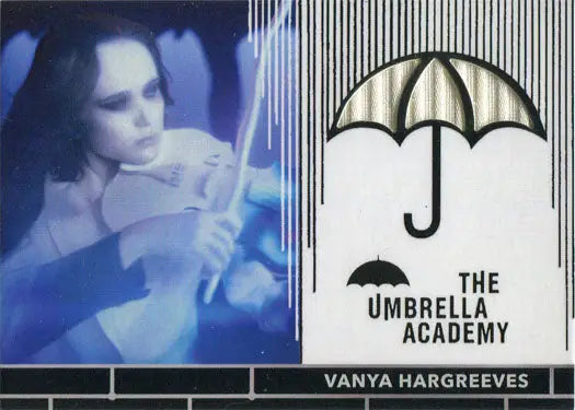 Promotional image of Vanya Hargreeves for Umbrella Academy trading cards with logo