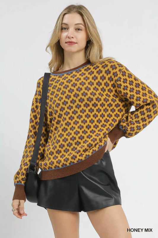 Umgee Abstract Print Crew Neck Sweater - HONEY MIX / S