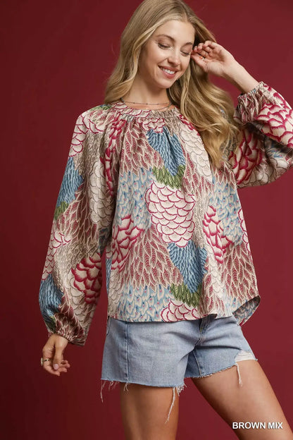 Umgee Boho Feather Print Peasant Blouse - Print Peasant Blouse
