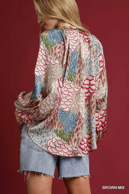 Umgee Boho Feather Print Peasant Blouse - Print Peasant Blouse