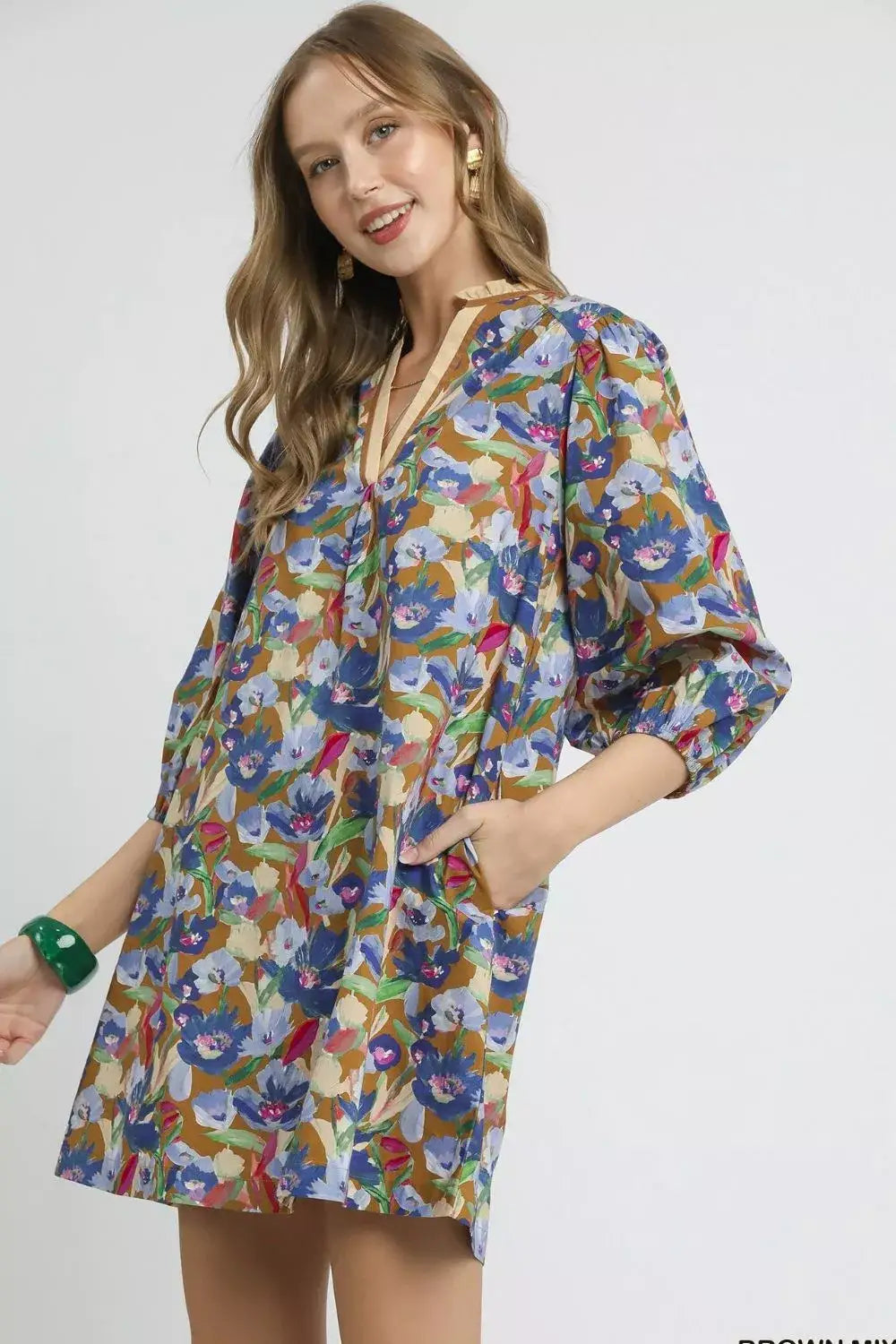 Umgee Boho Floral Balloon Sleeve Mini Dress