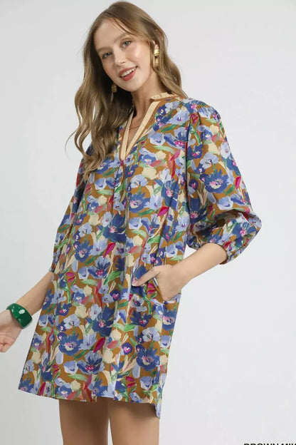 Umgee Boho Floral Balloon Sleeve Mini Dress