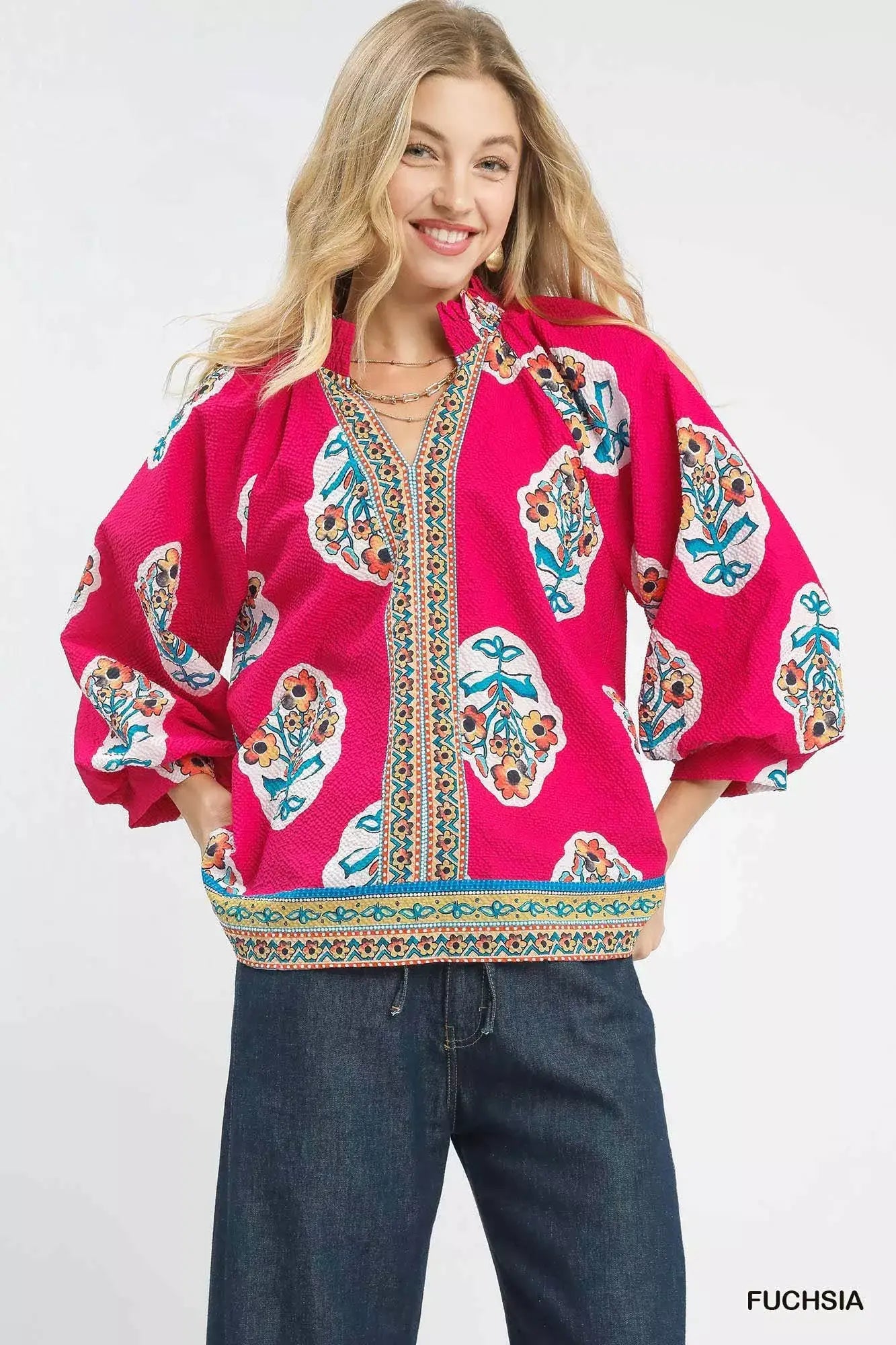 Umgee Boho Floral Print Tunic Blouse - FUCHSIA / S - Floral Print Tunic Blouse