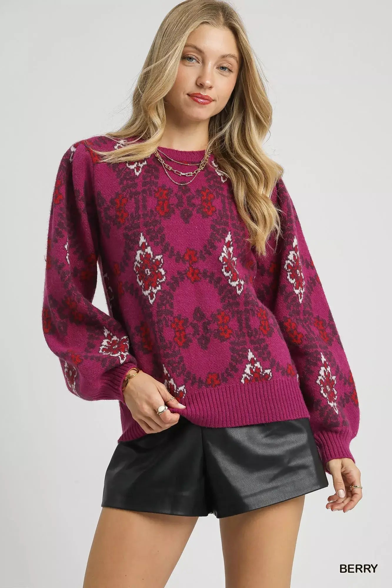 Umgee Boho Patterned Long Sleeve Sweater - BERRY / S