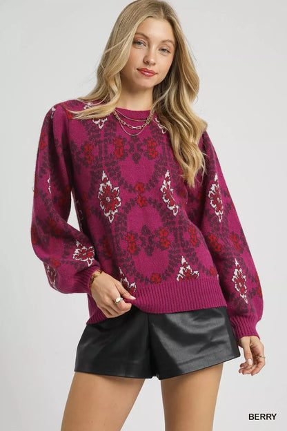 Umgee Boho Patterned Long Sleeve Sweater - BERRY / S