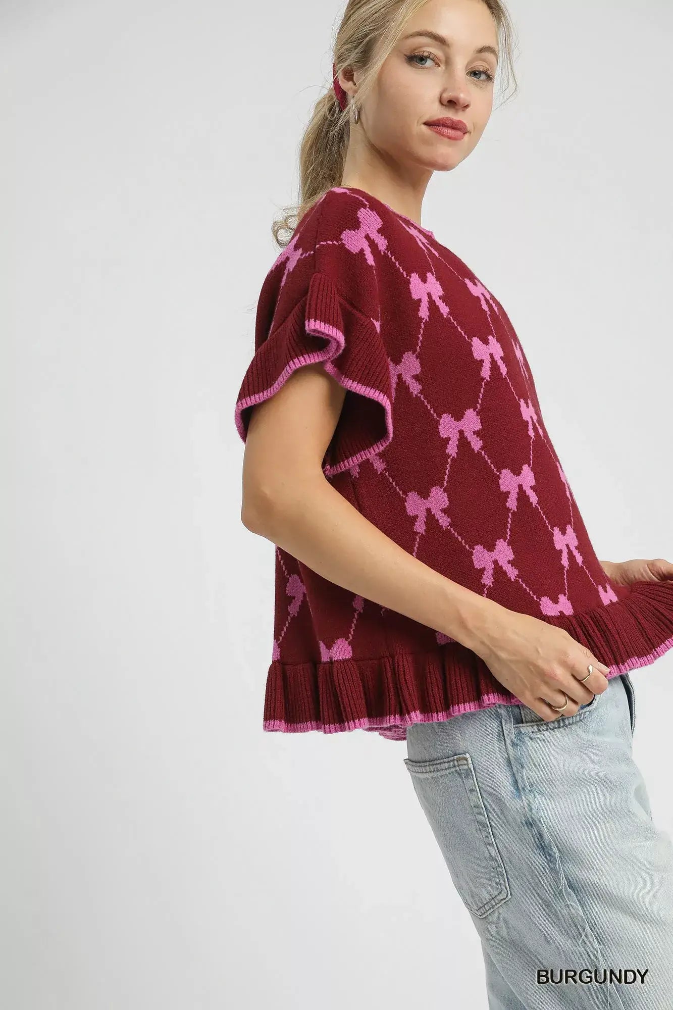 Umgee Bow Knit Ruffle Sleeve Sweater - Ruffle Sleeve Sweater
