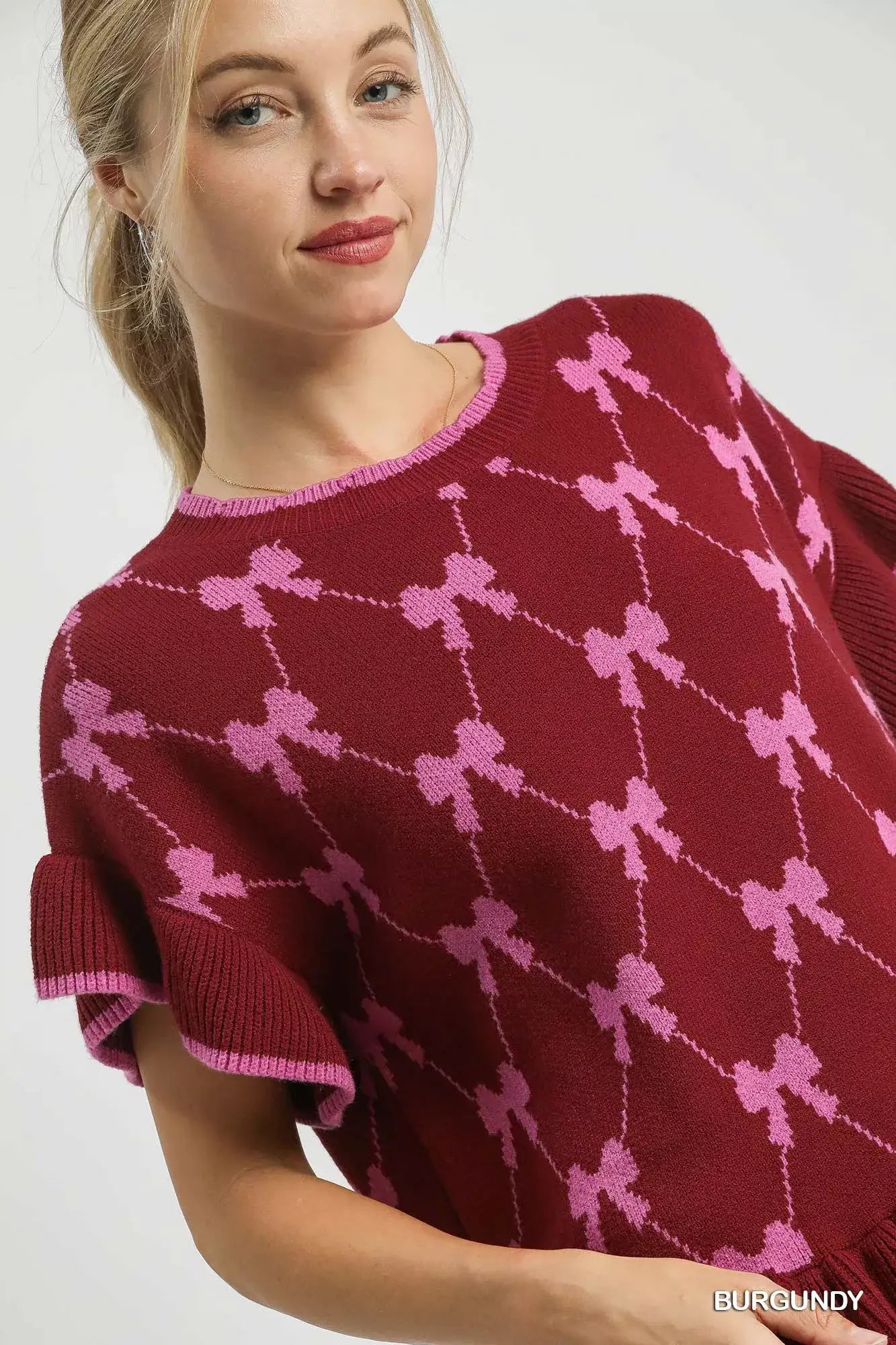 Umgee Bow Knit Ruffle Sleeve Sweater - Ruffle Sleeve Sweater