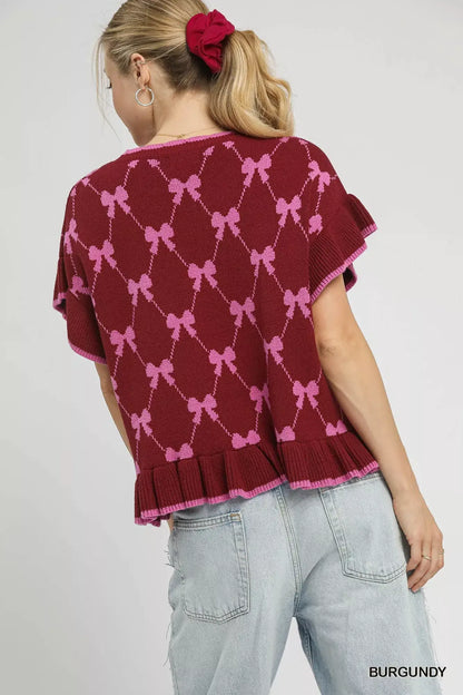 Umgee Bow Knit Ruffle Sleeve Sweater - Ruffle Sleeve Sweater