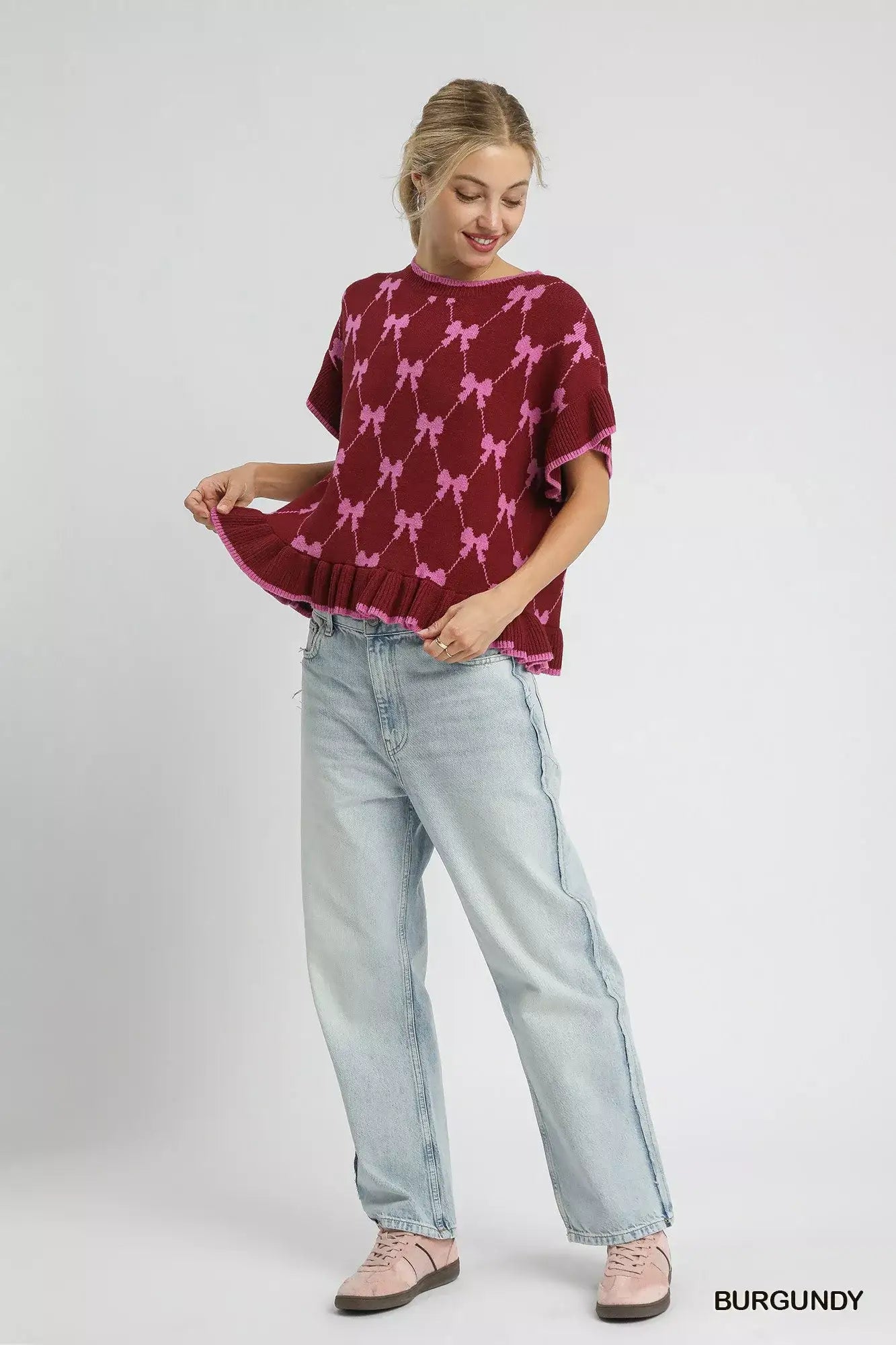 Umgee Bow Knit Ruffle Sleeve Sweater - Ruffle Sleeve Sweater