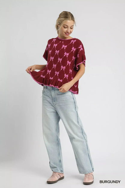 Umgee Bow Knit Ruffle Sleeve Sweater - Ruffle Sleeve Sweater