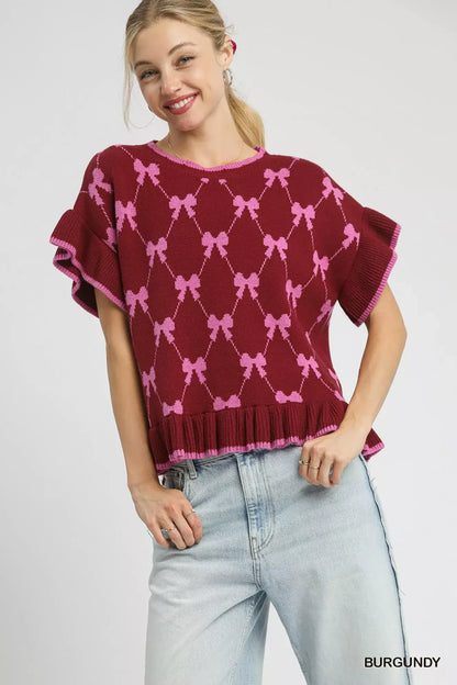 Umgee Bow Knit Ruffle Sleeve Sweater - Burgundy / S - Ruffle Sleeve Sweater