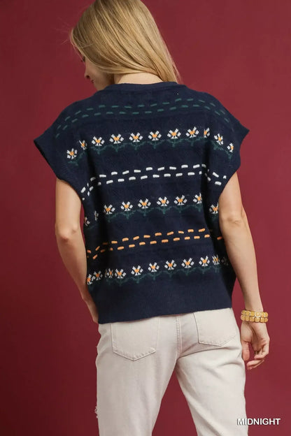 Umgee Button-Down Knit Vest with Floral Pattern - Knit Vest with Floral Pattern