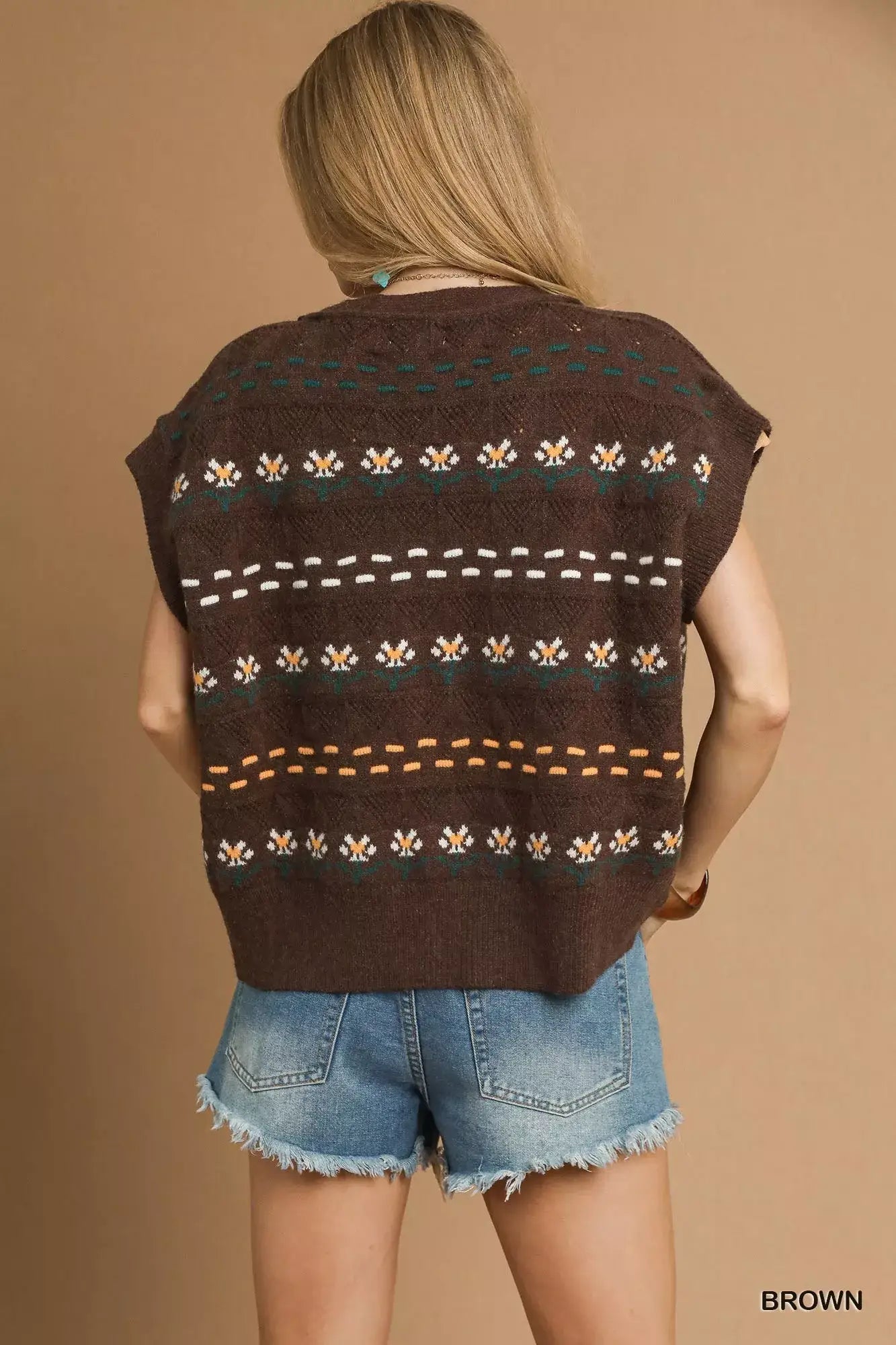 Umgee Button-Down Knit Vest with Floral Pattern