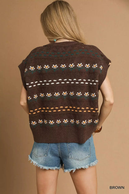 Umgee Button-Down Knit Vest with Floral Pattern