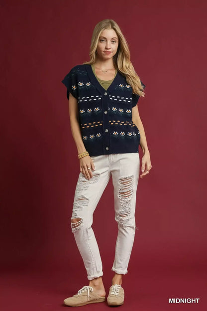 Umgee Button-Down Knit Vest with Floral Pattern - Knit Vest with Floral Pattern