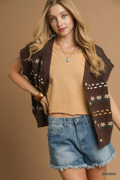 Umgee Button-Down Knit Vest with Floral Pattern