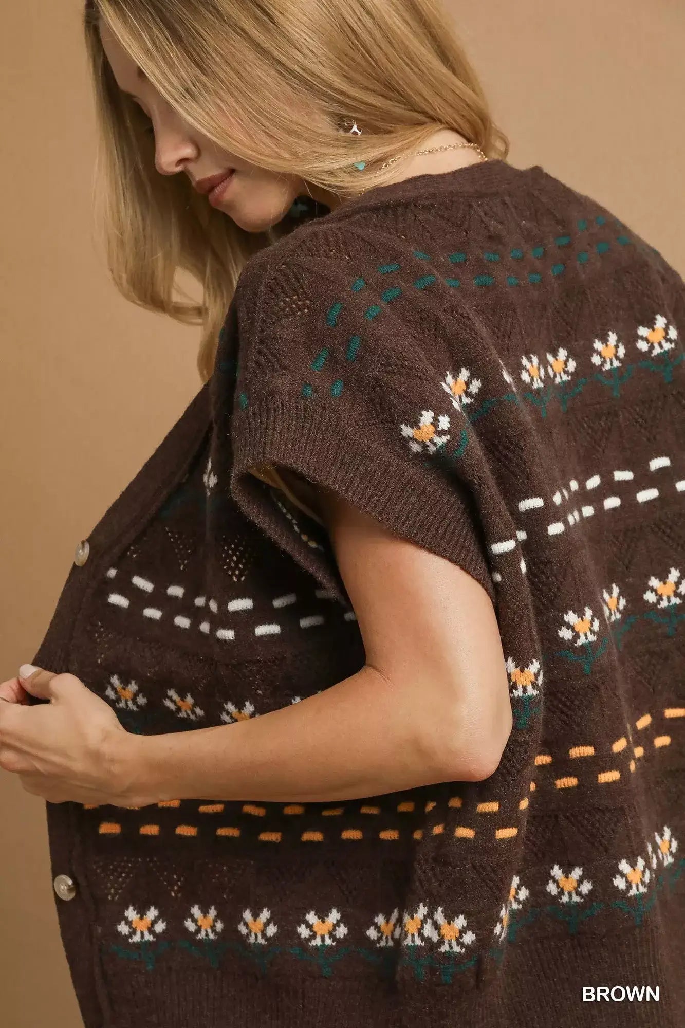 Umgee Button-Down Knit Vest with Floral Pattern
