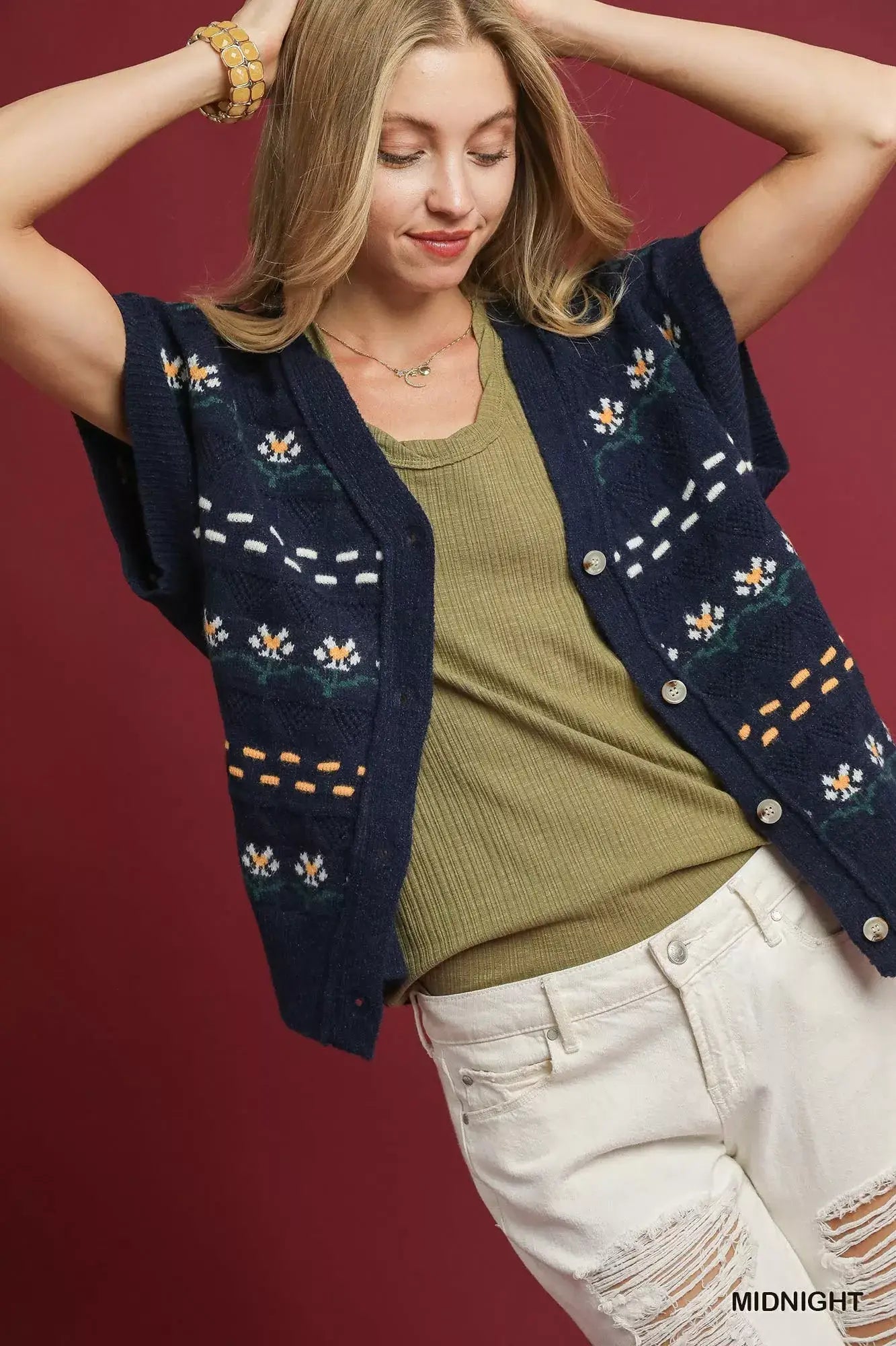 Umgee Button-Down Knit Vest with Floral Pattern - Knit Vest with Floral Pattern