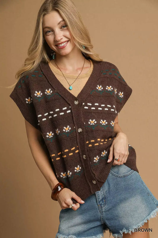 Umgee Button-Down Knit Vest with Floral Pattern - BROWN / S