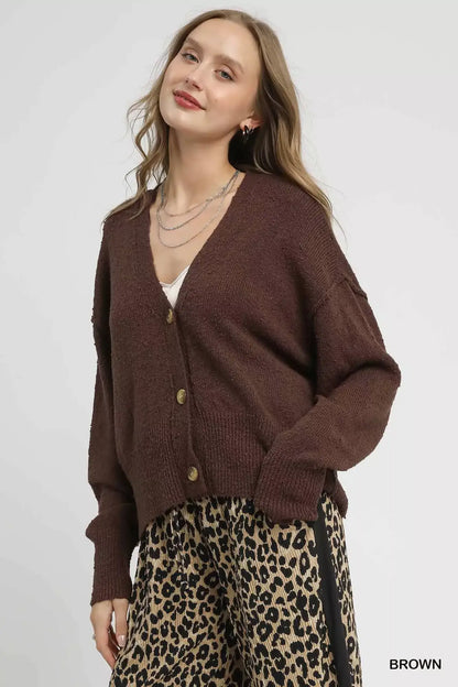 Umgee Button-Front V-Neck Knit Cardigan - V-Neck Knit Cardigan
