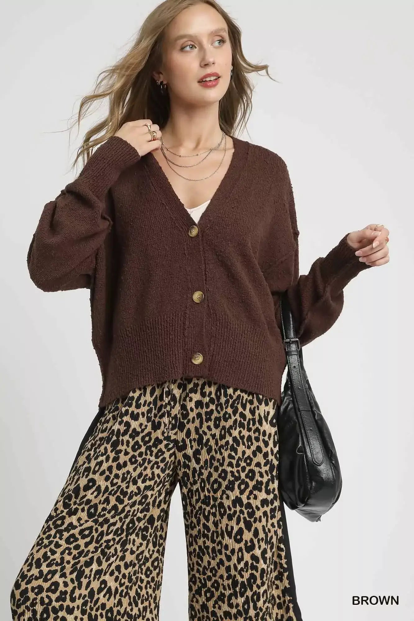 Umgee Button-Front V-Neck Knit Cardigan - Brown / S - V-Neck Knit Cardigan