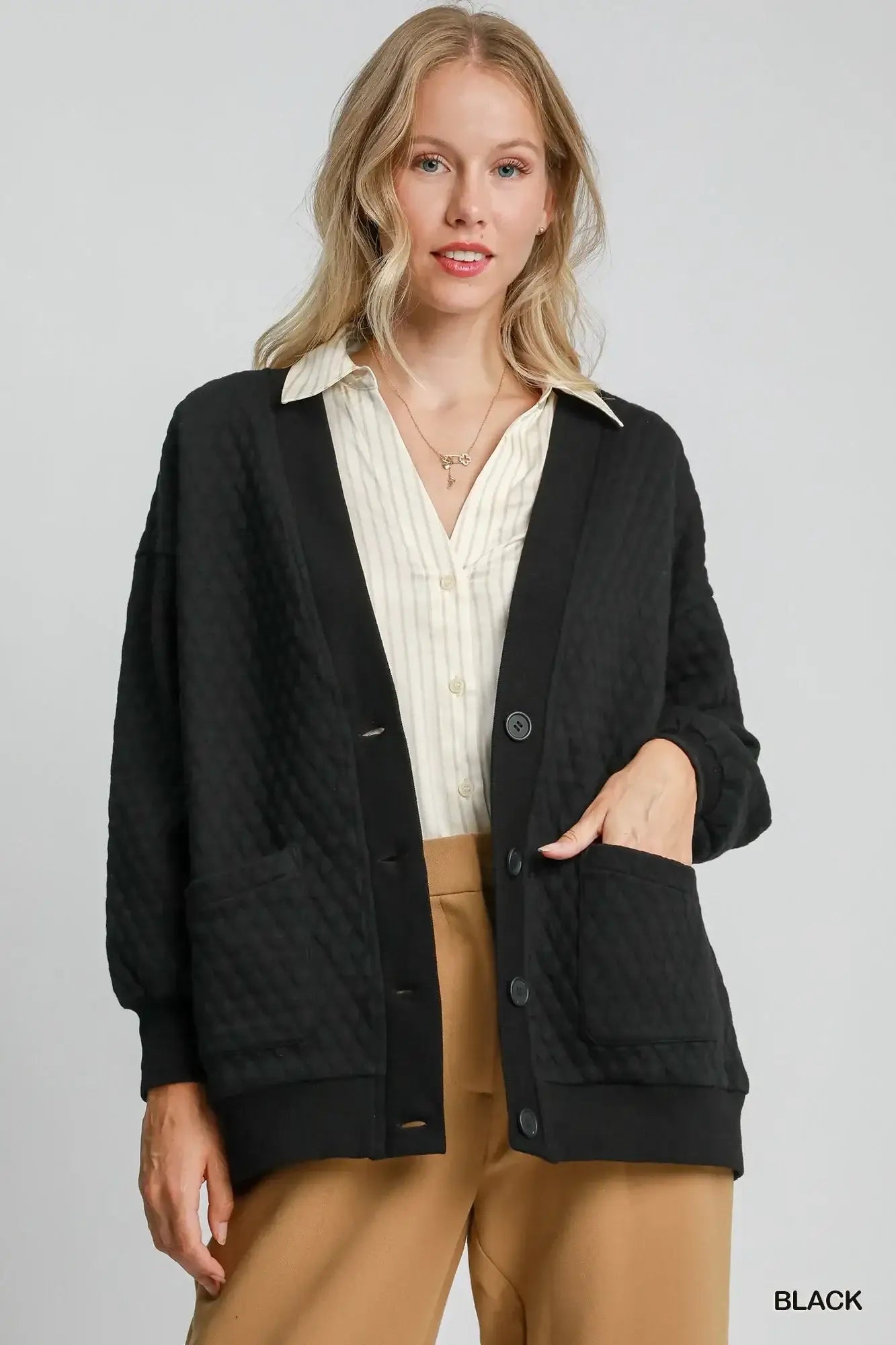 Umgee Button-Up Jacquard Cardigan - Black / S - Jacquard Cardigan