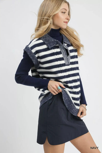 Umgee Cable Knit Collared Striped Vest Sweater