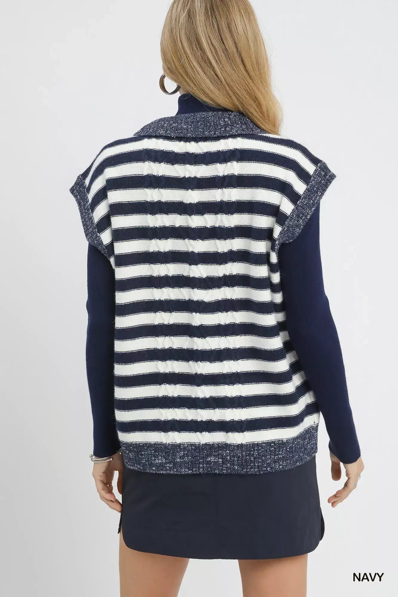 Umgee Cable Knit Collared Striped Vest Sweater