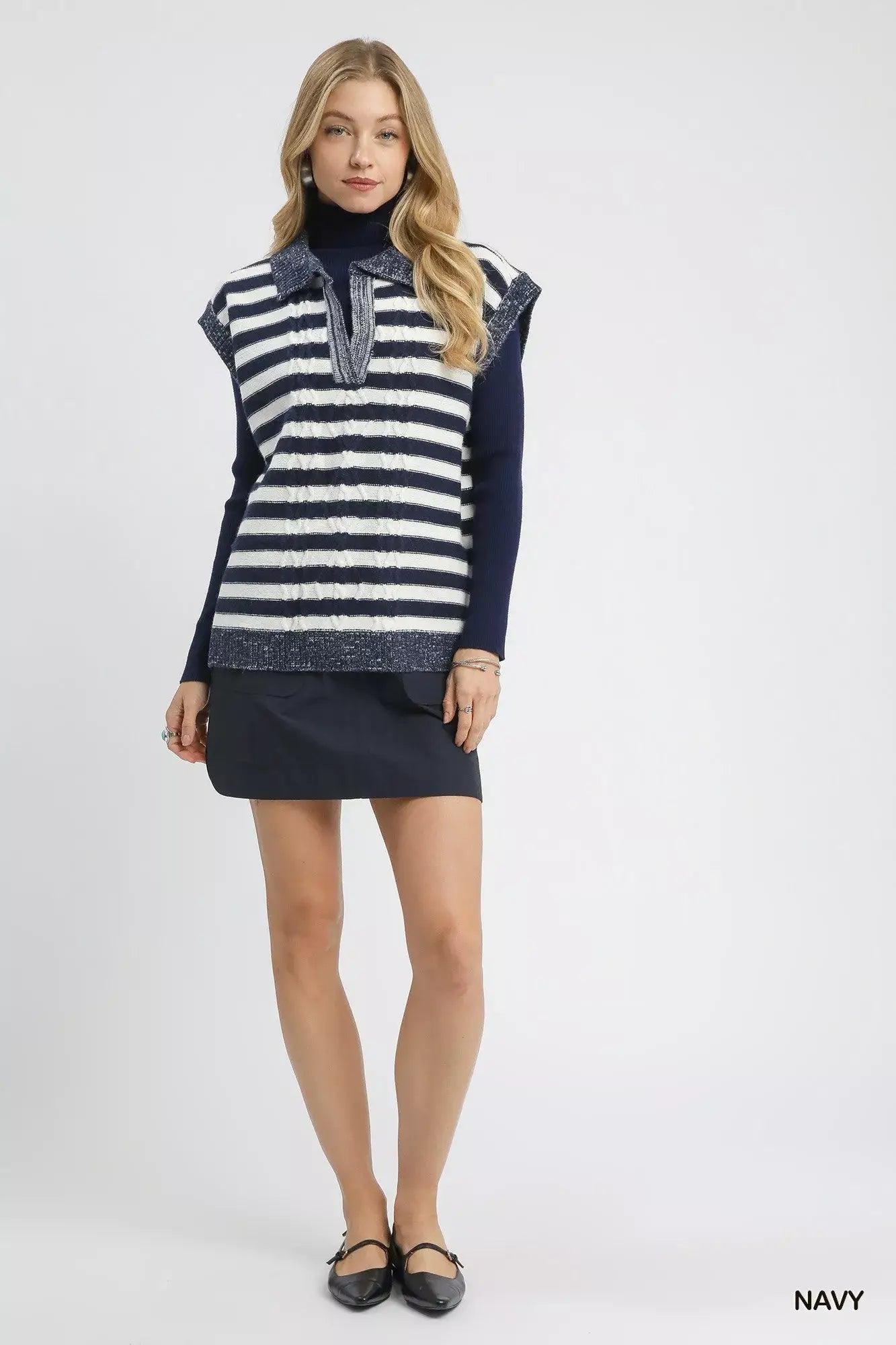 Umgee Cable Knit Collared Striped Vest Sweater