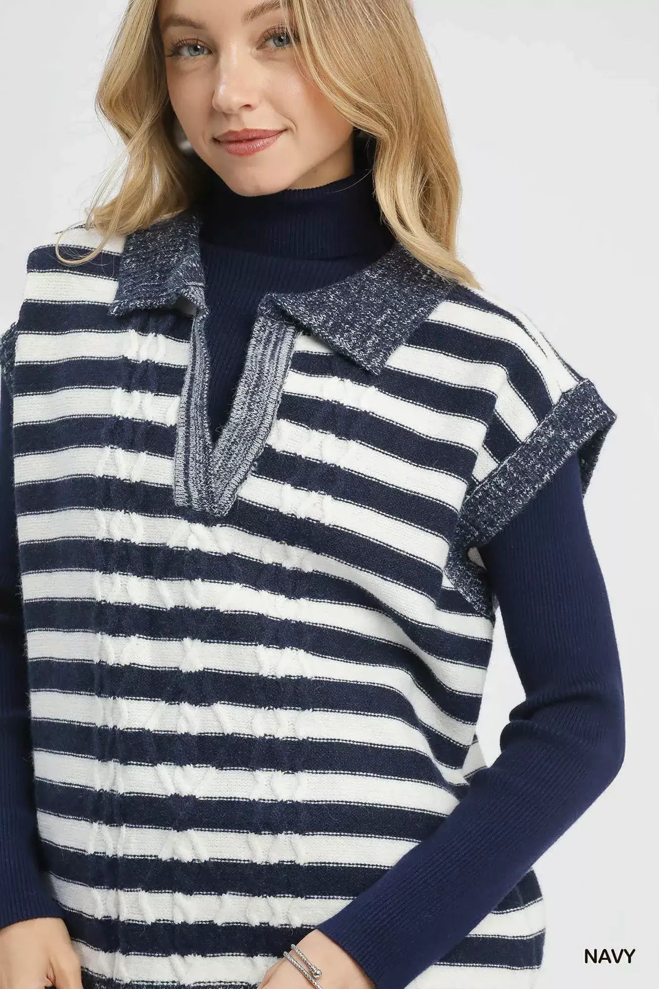 Umgee Cable Knit Collared Striped Vest Sweater