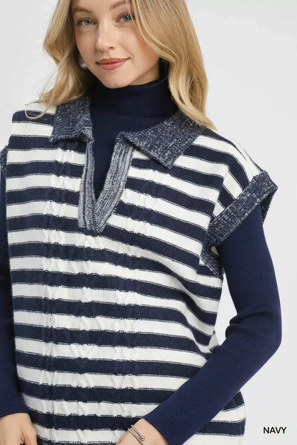 Umgee Cable Knit Collared Striped Vest Sweater