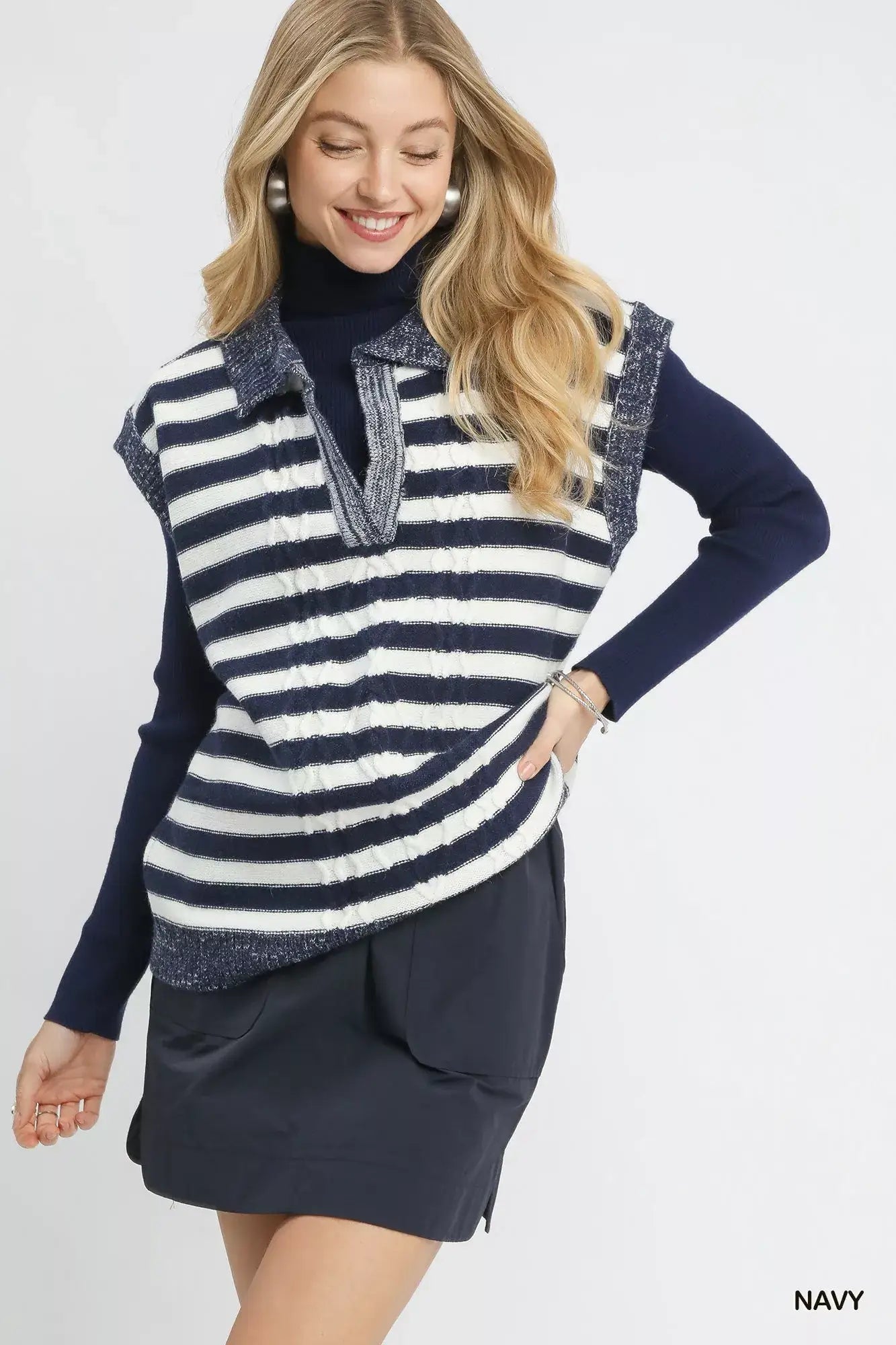 Umgee Cable Knit Collared Striped Vest Sweater - Navy / S