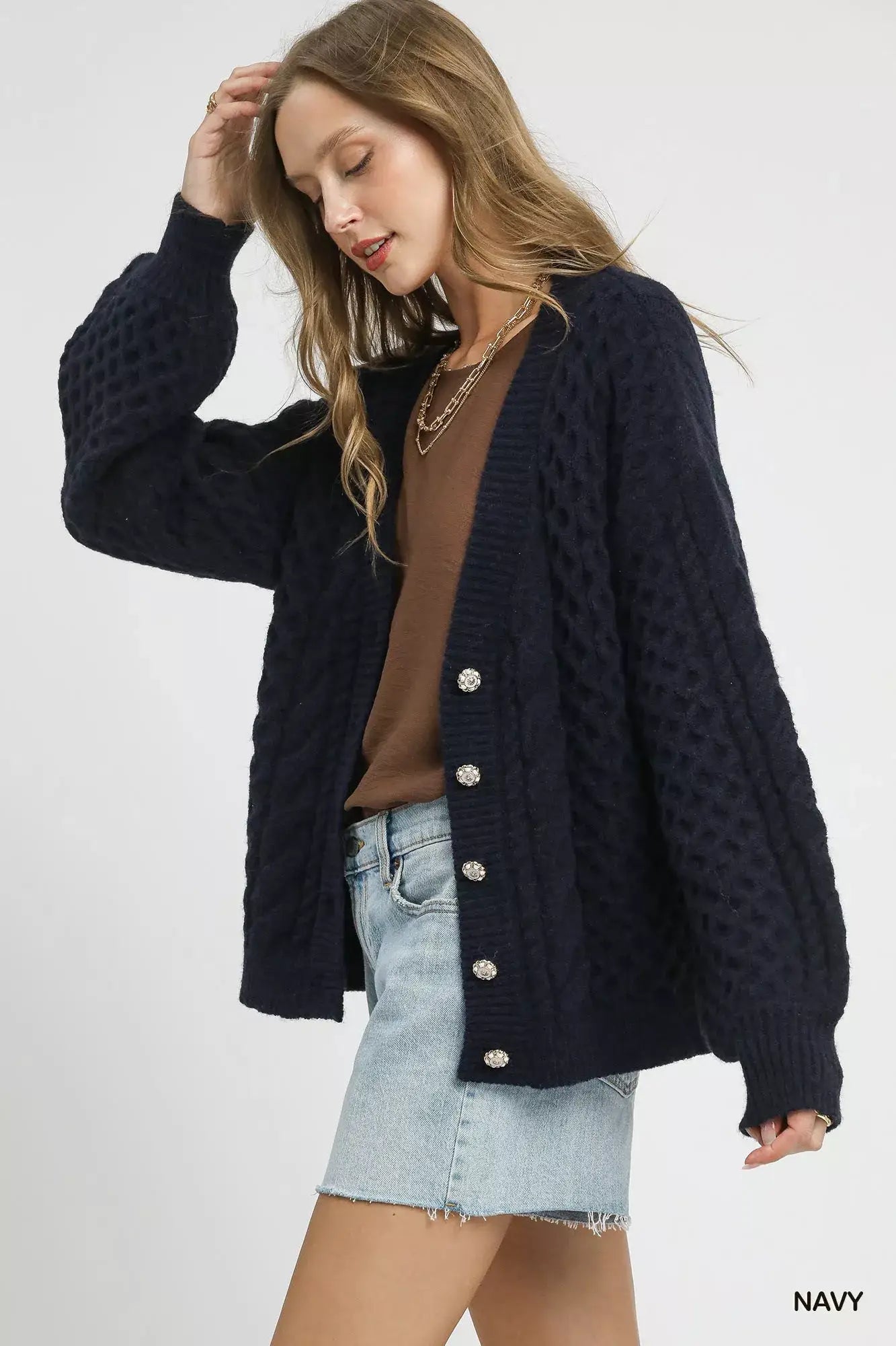 Umgee Cable Knit Pearl Button Cardigan - Cardigan