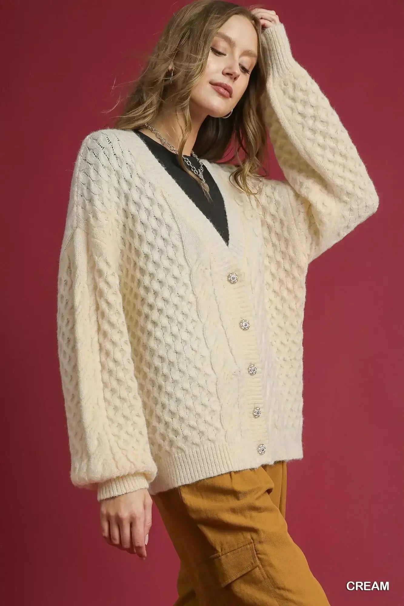 Umgee Cable Knit Pearl Button Cardigan - Knit Pearl Button Cardigan