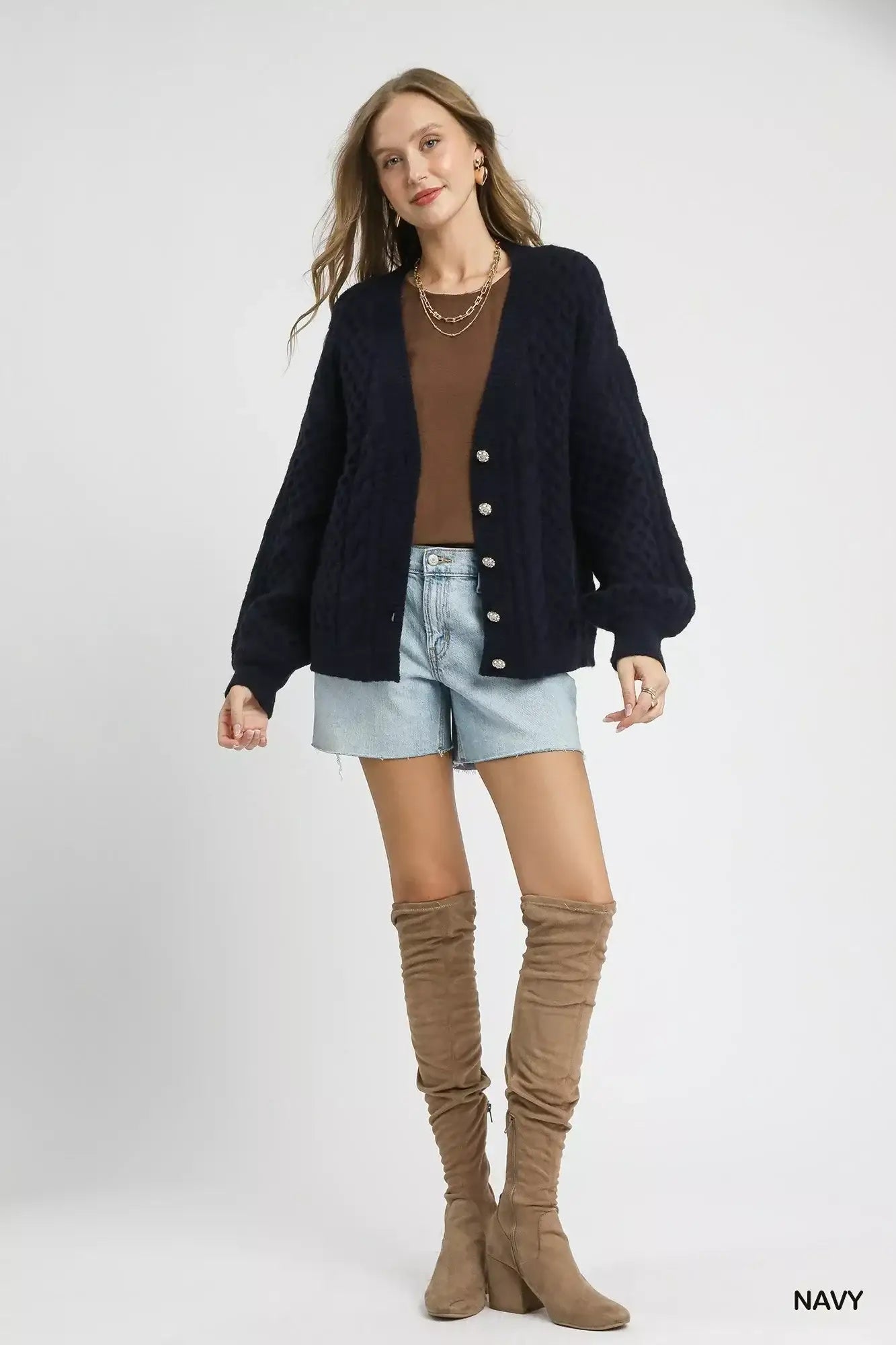 Umgee Cable Knit Pearl Button Cardigan - Cardigan
