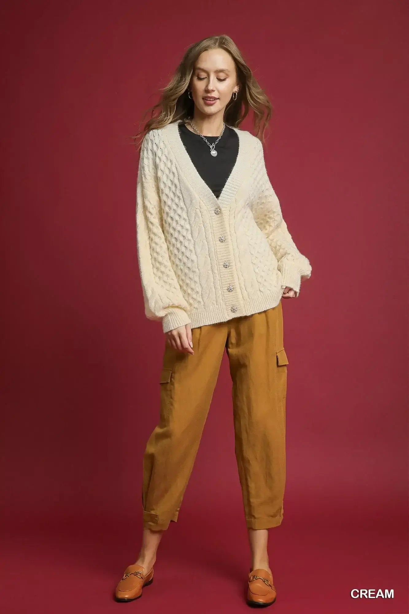 Umgee Cable Knit Pearl Button Cardigan - Knit Pearl Button Cardigan
