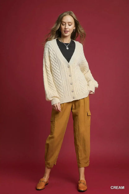 Umgee Cable Knit Pearl Button Cardigan - Knit Pearl Button Cardigan